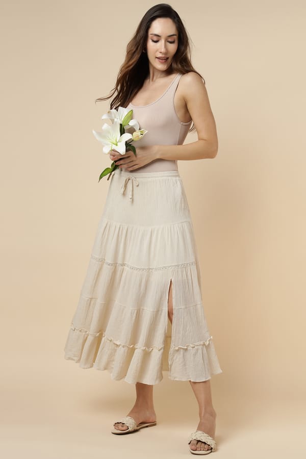 Natural Tiered Midi Skirt with Drawstring Waist — ASPRIN FASHION