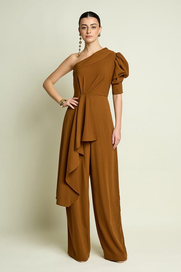 Tan One-Shoulder Drape Jumpsuit — Aakaar