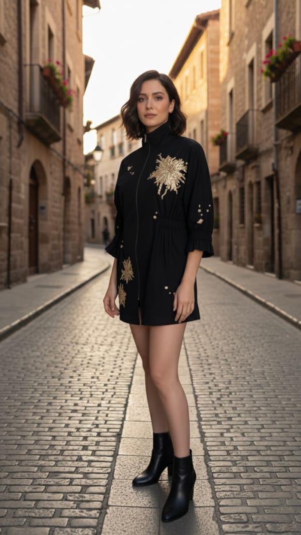 Black High Neck Zip-Front Mini Dress with Gold Motif Work — Ang-sa