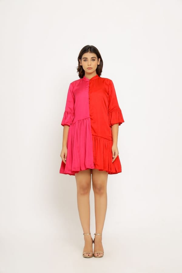 Red Pink Colorblock Mini Shirt Dress with Flared Cuffs — Neora