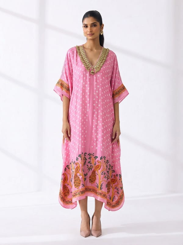 Bandhani Embellished Pink Kaftan — 5 Elements