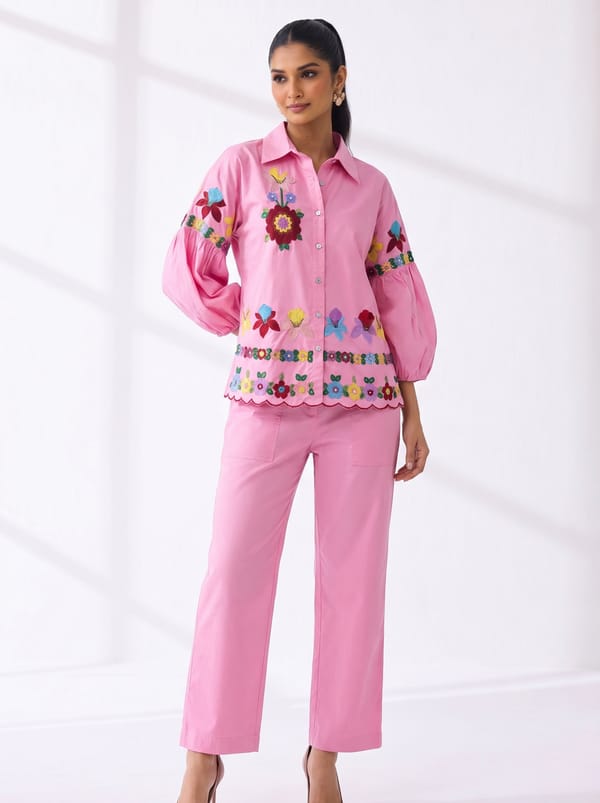 Powder Pink Embroidered Shirt and Pant Co-ord Set — RUCHIKA MALLIKA LABEL