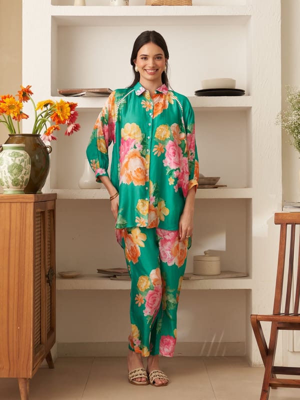 Green Floral Silk Shirt and Pants Co-ord Set — Houseofsoi