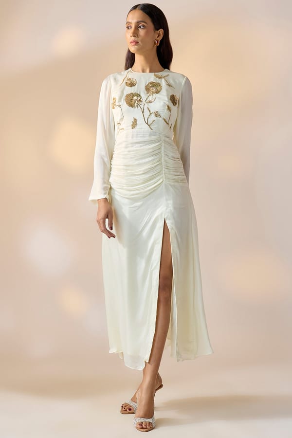 Ivory Satin Embellished Maxi Gown with Ruched Waist — EWOKE STUDIO