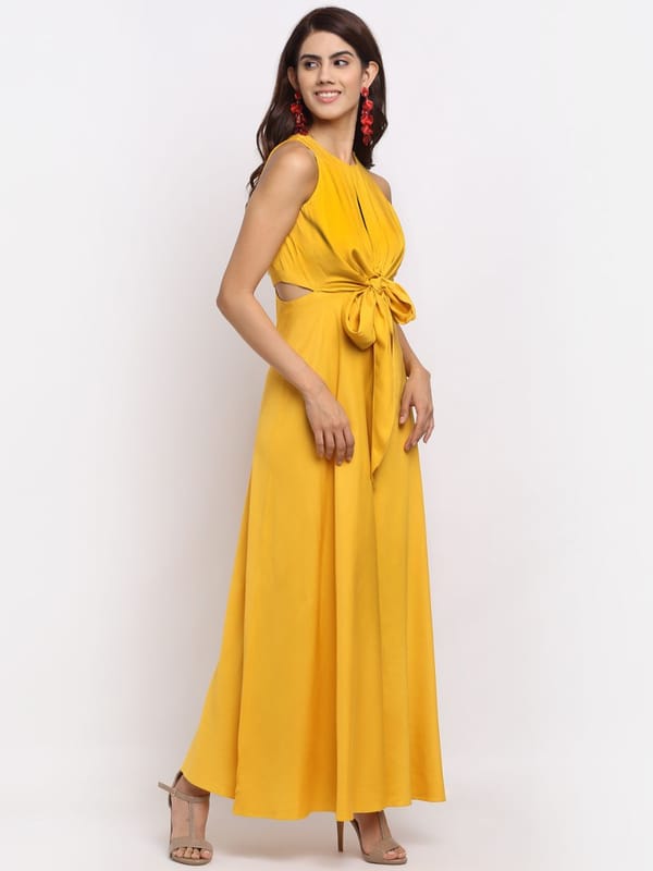 Yellow Tencel Wide-Leg Jumpsuit with Front Tie Knot — EWOKE STUDIO