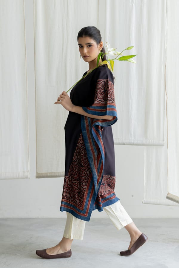 Black Block Print Kaftan and Pant Co-ord Set — Vraj Bhoomi