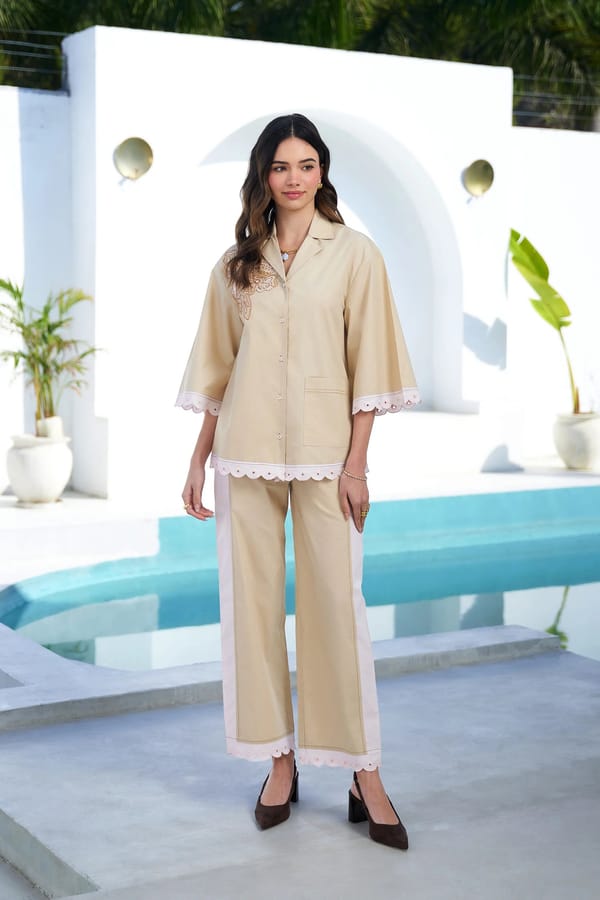 Beige Embroidered Shirt and Straight Pants Co-ord Set — STITCH STORIES