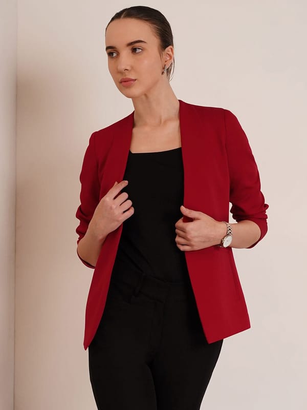 Red Tailored Open-Front Jacket with Hook Closure — Fable Street
