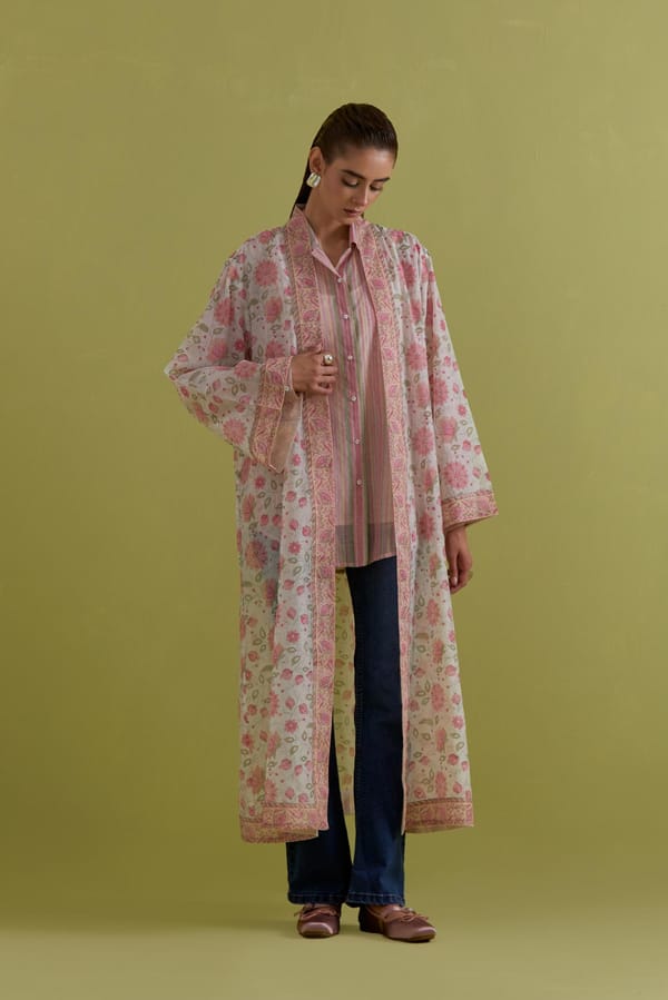 Off-White Floral Block Print Longline Overlay Jacket — Upavita