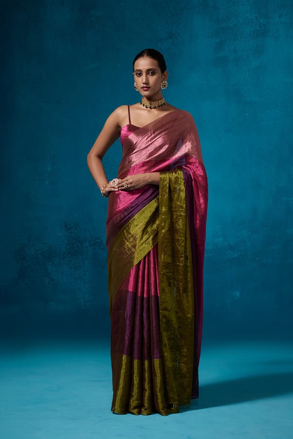 Multicolour Striped Metallic Tissue Saree — Dressfolk