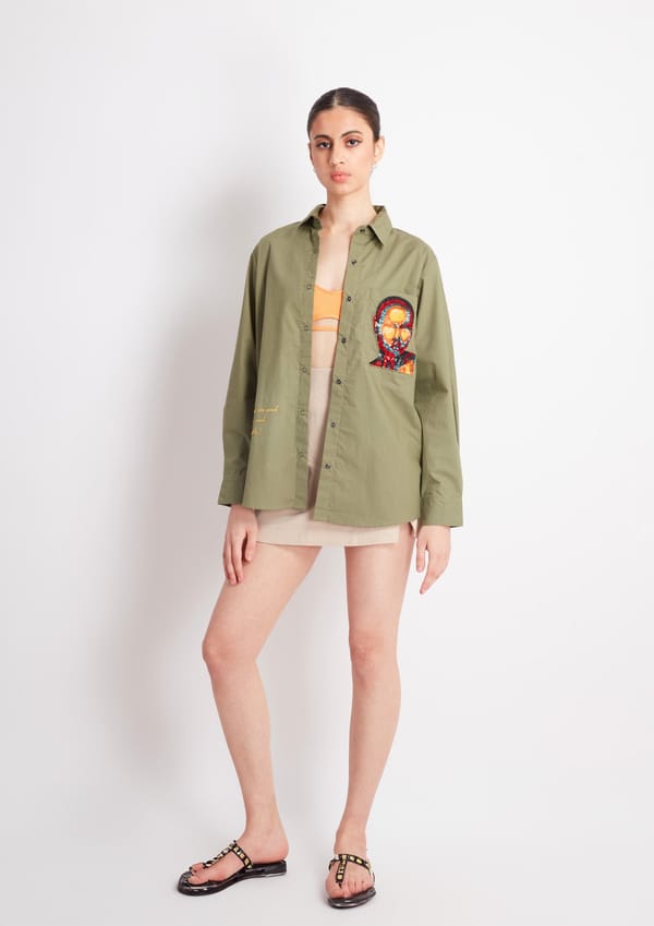 Olive Comfort Fit Cotton Shirt with Embroidery — Richa Goenka