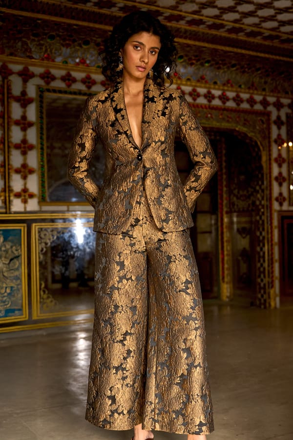 Gold/Black Floral Brocade High-Waist Wide-Leg Trousers — Dash and Dot