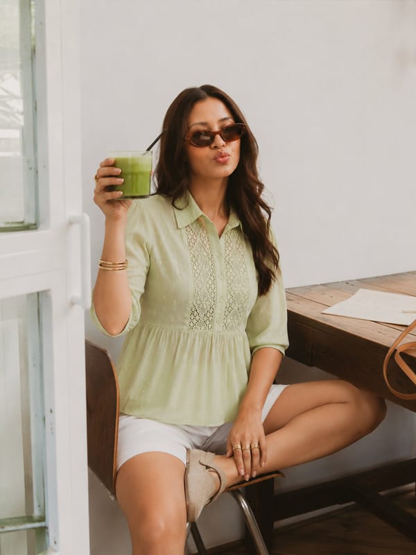 Sage Lace Insert Cotton Dobby Top — Femmella