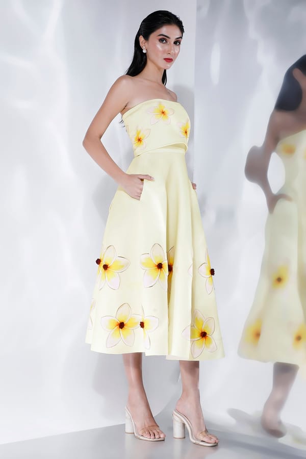 Yellow Floral Strapless Fit and Flare Midi Dress — OZEQO