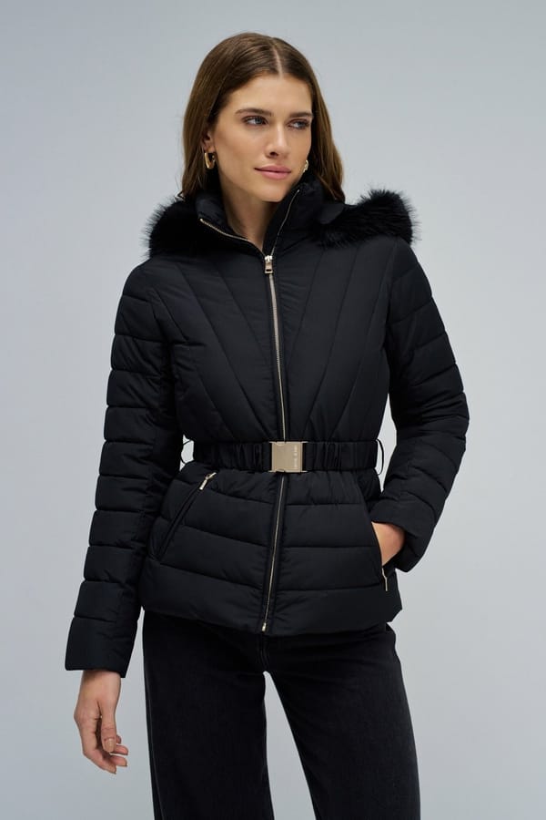 Black Slim-Fit Belted Puffer Jacket with Hood — SALSA JEANS