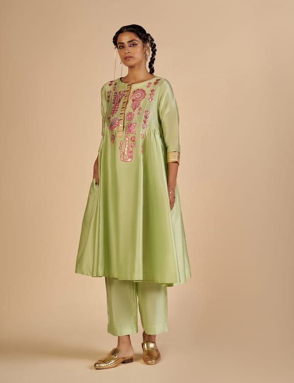 Pista Green Gota Applique Flared Kali Kurta — Gulabo by Abu Sandeep