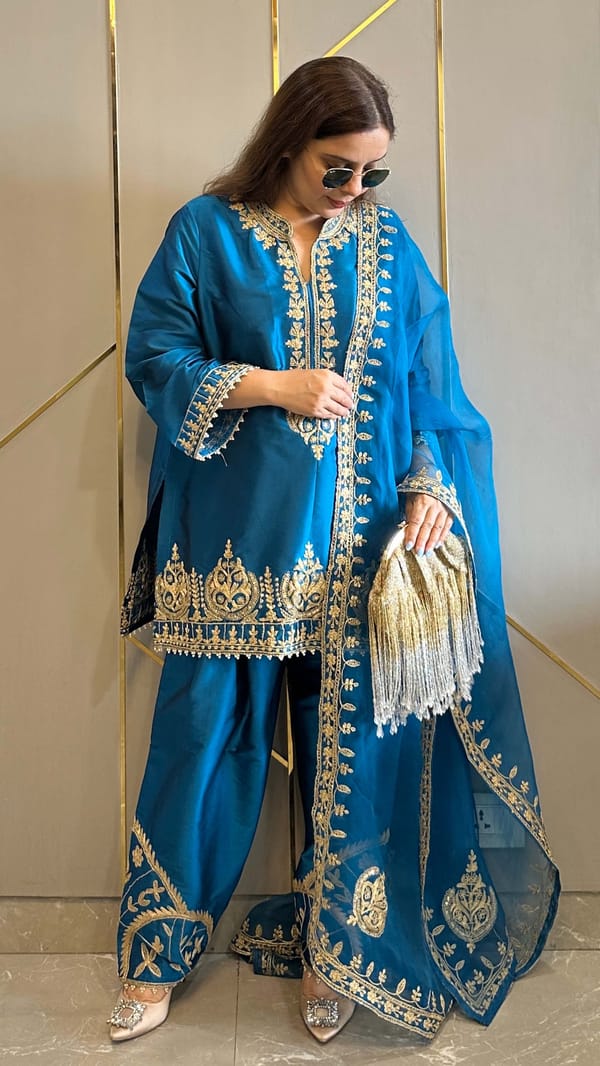 Teal Hand and Dori Embroidered Short Phiran Suit — Kylee Fashions