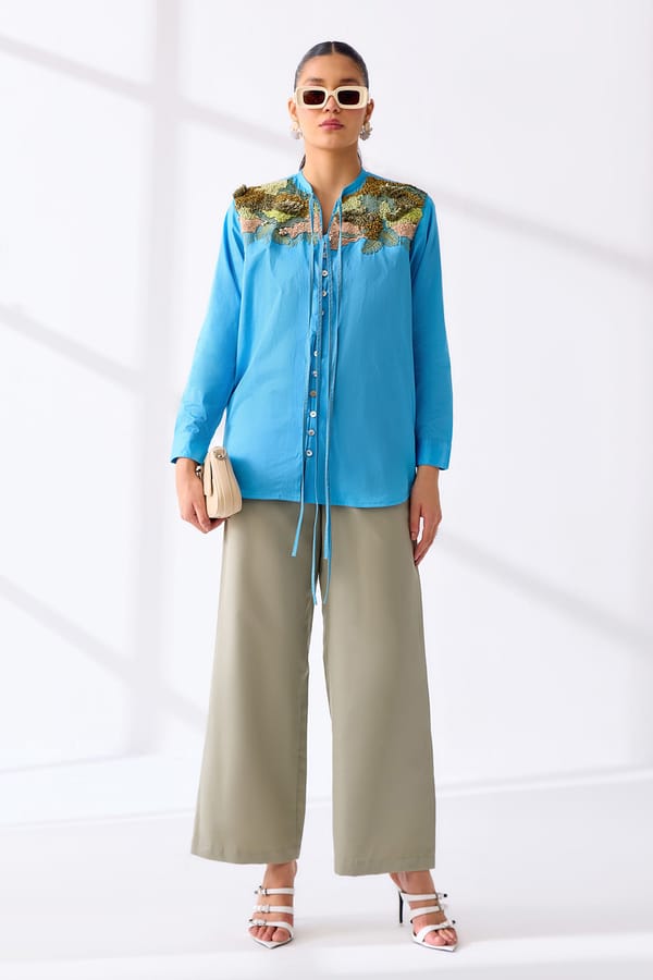 Sky Blue Shirt and Olive Wide-Leg Pants Co-ord Set — Our Love