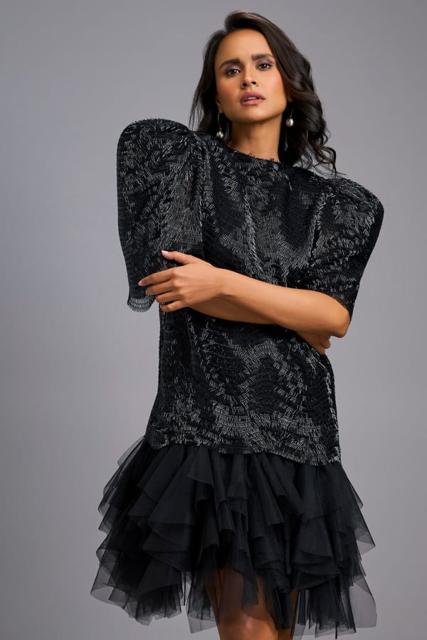 Black Shimmer Dress with Puff Sleeves & Tulle Hem — Deepika Arora
