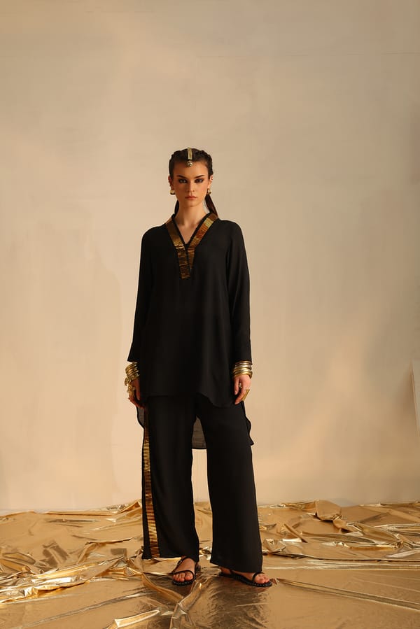 Black Foil-Trim Tunic and Palazzo Co-ord Set — EnEch