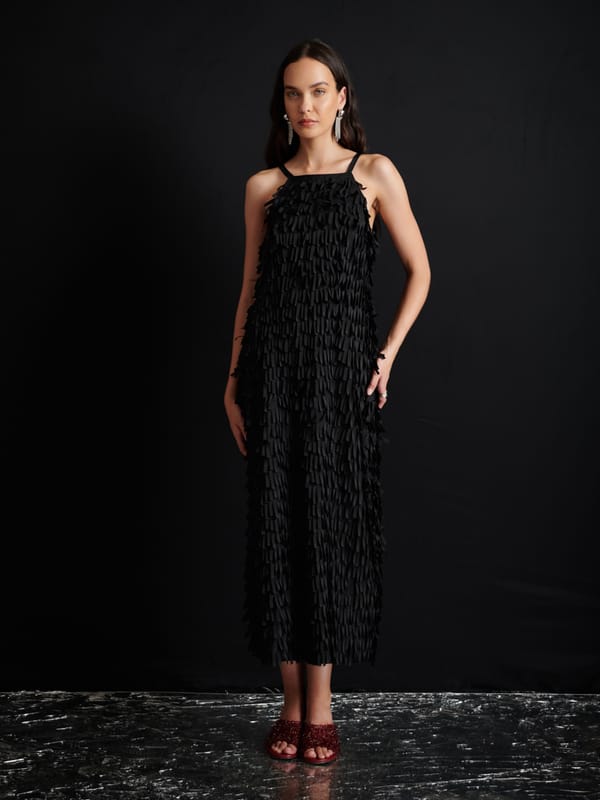 Coal Black Fringed Texture Straight Midi Dress — SISTER JANE