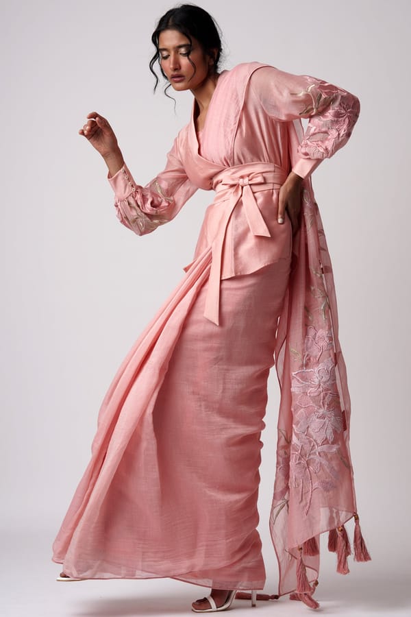 Old Rose Handloom Chanderi Saree Set with Wrap Top — Madder Much