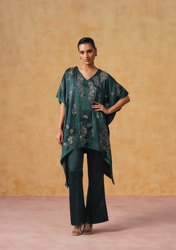 Bottle Green Satin Kaftan Co-ord Set with Sequin Work — AMOSHI