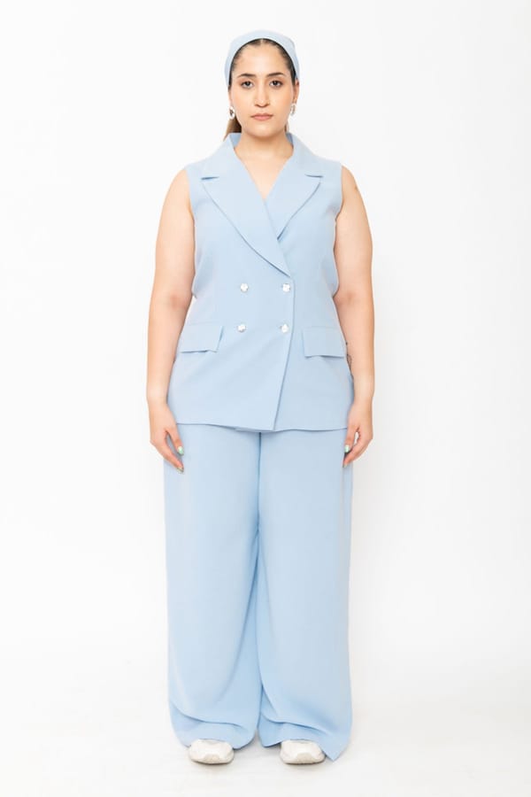 Blue Sleeveless Double-Breasted Tailored Blazer — Contemponari