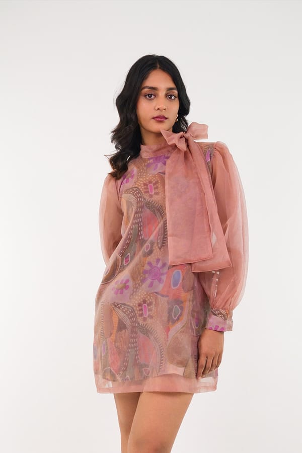 Pink Printed Organza Bow Mini Dress — 9899