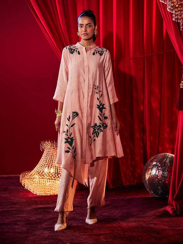 Blush Pink Linen Embroidered Tunic and Pants Co-ord Set — HOUSE OF FETT
