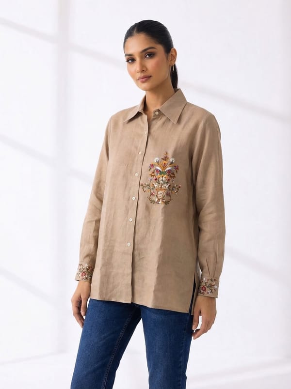 Beige Linen Embroidered Button-Down Shirt — HEADSTRONG