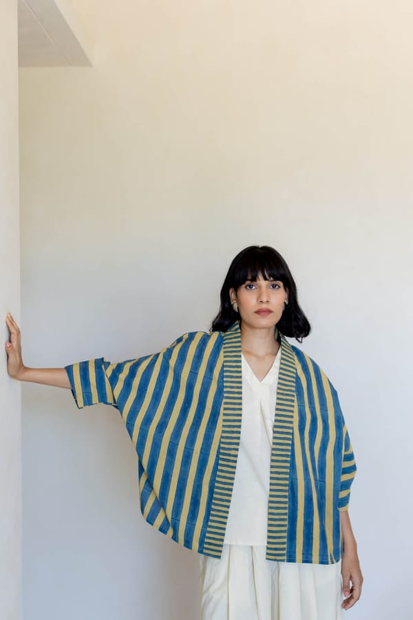 Mustard and Blue Striped Cotton Cape Shrug — Vraj Bhoomi