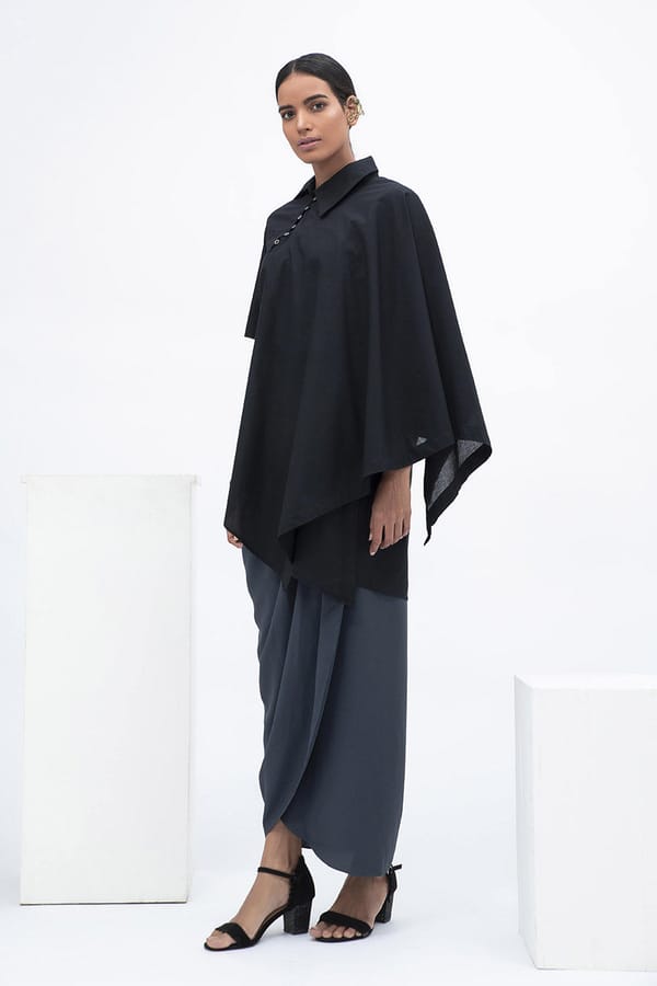 Black Asymmetric Cape-Detail Tunic Kurta — Aakaar