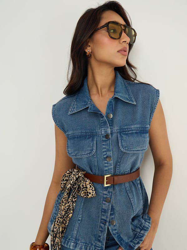 Blue Sleeveless Denim Button-Front Vest with Shirt Collar — Femmella