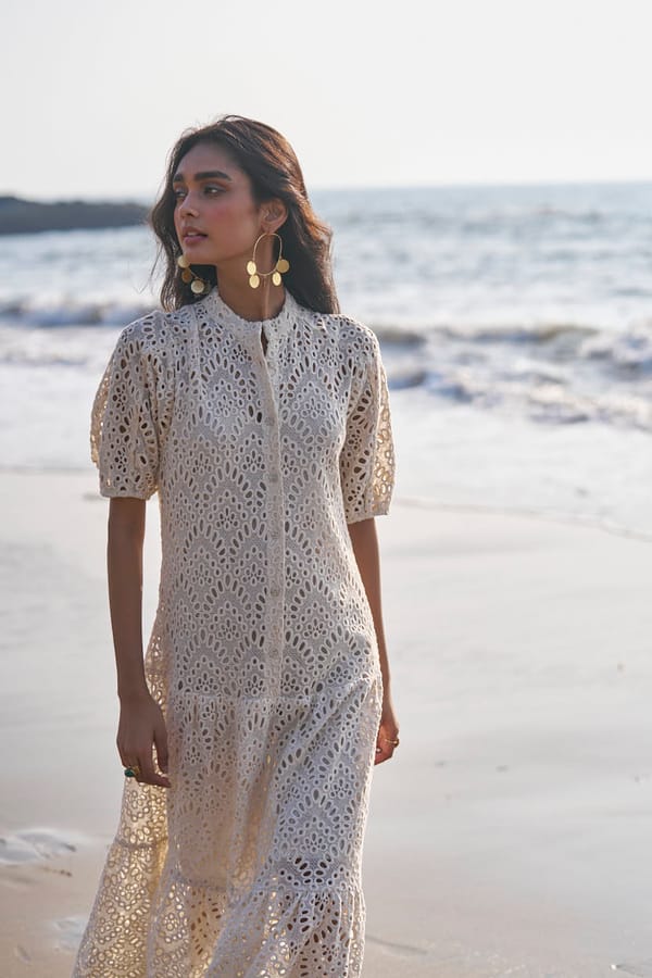 Natural Off-White Cutwork Tiered Maxi Dress — Dash and Dot