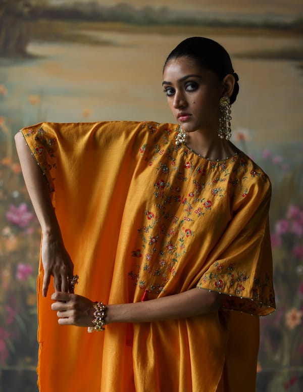 Turmeric Silk Chanderi Kaftan Co-ord Set with Slip — Shikha Mehta