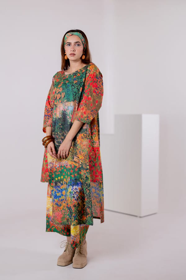Multicolor Scenic Print Cambric Cotton Kurta Set — Maidaan