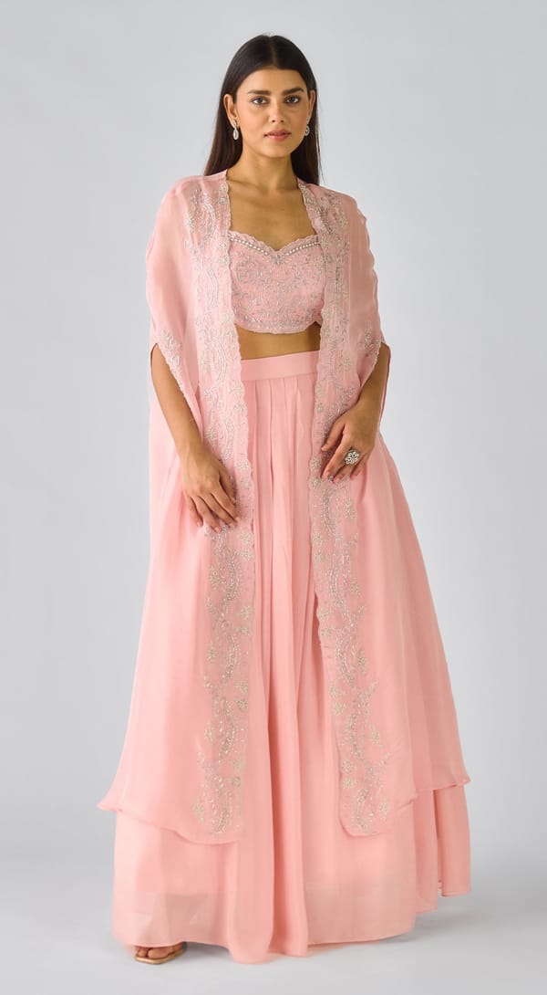 Baby Pink Chiffon Embroidered Cape Sharara Co-ord Set — Basanti Kapde aur Koffee