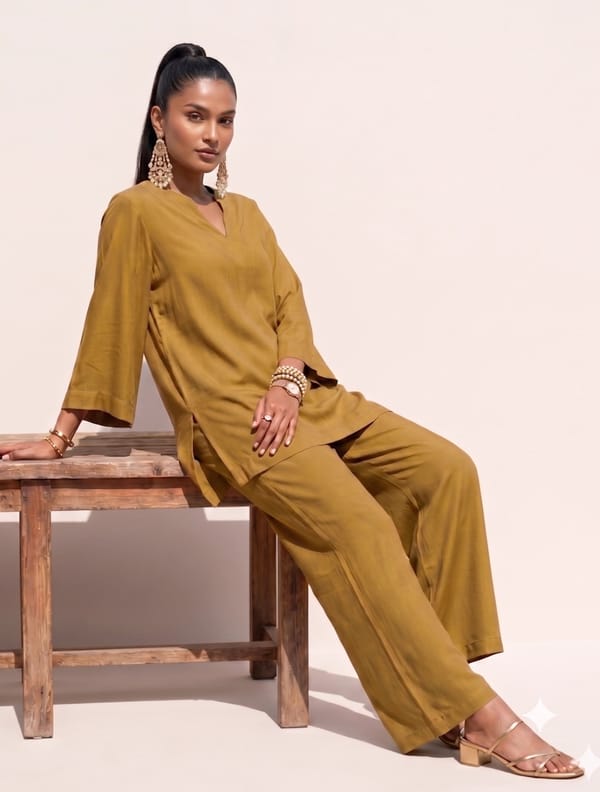 Olive Brown Solid Viscose Co-ord Set — Truebrowns