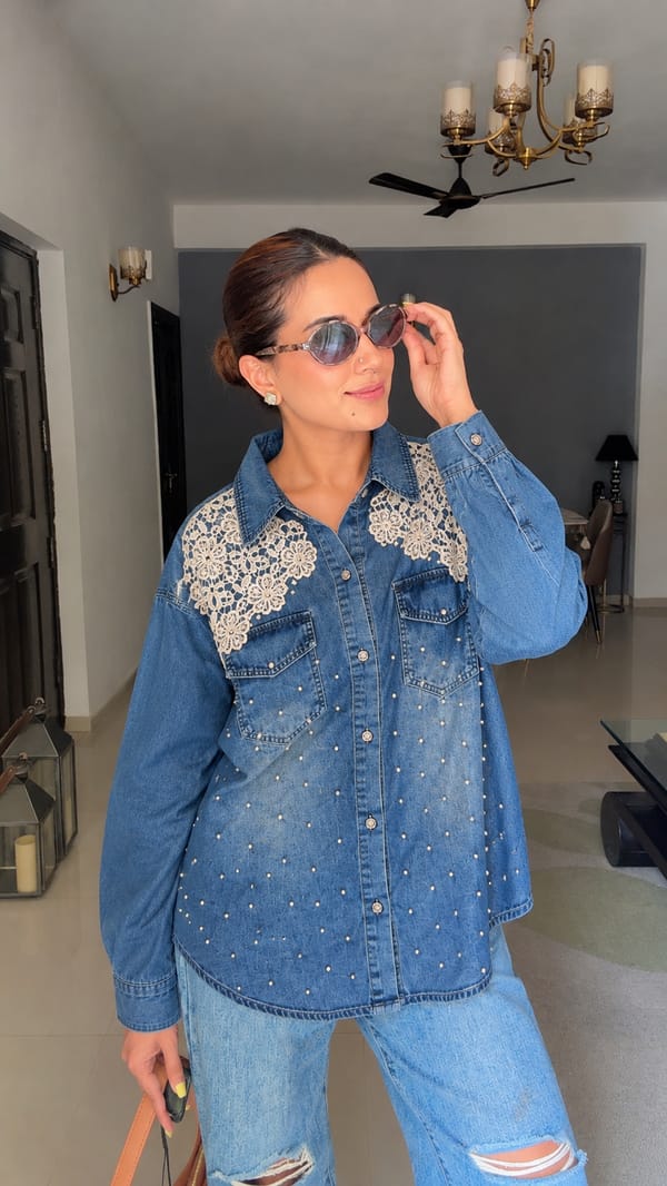 Pearl Detail Lace Denim Shirt — CLOSET AFFAIR