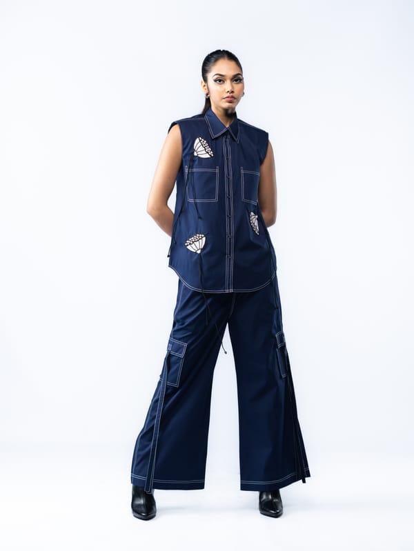 Navy Sleeveless Shirt and Wide-Leg Pants Co-ord Set — Ang-sa