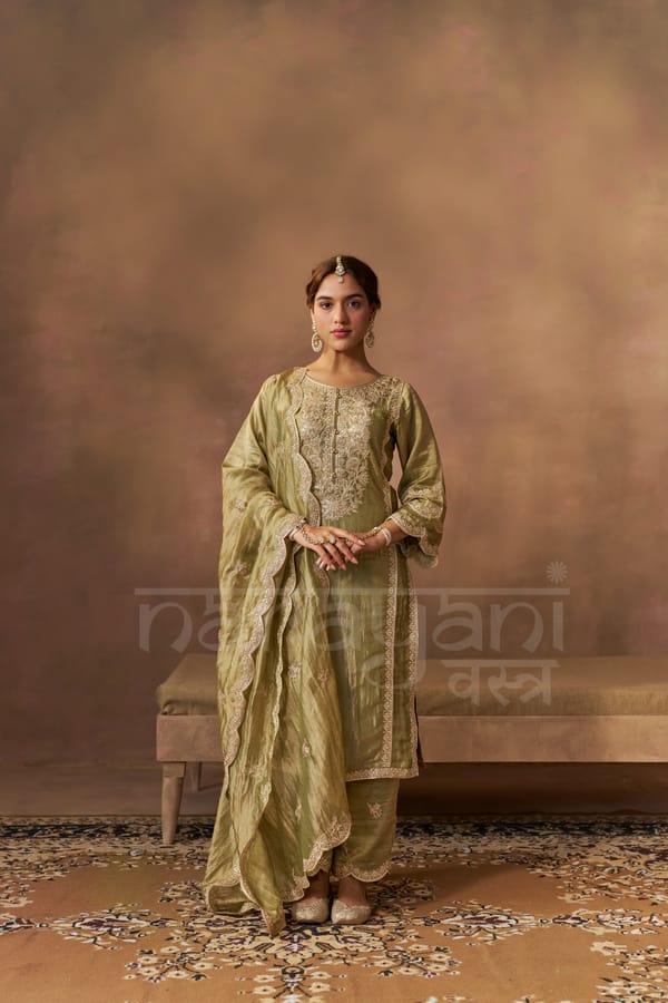 ZOYA - Olive green Tissue-Organza Suit Set — NARAYANI VASTRA
