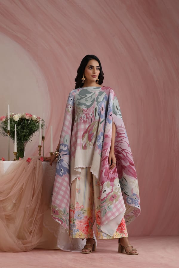 Pastel Floral Cape and Wide-Leg Trouser Co-ord Set — Moh India