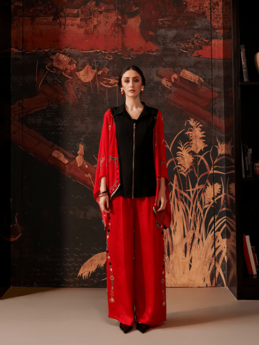 Red Wide-Leg Co-ord Set with Black Zip-Front Top — Kamaali Pret