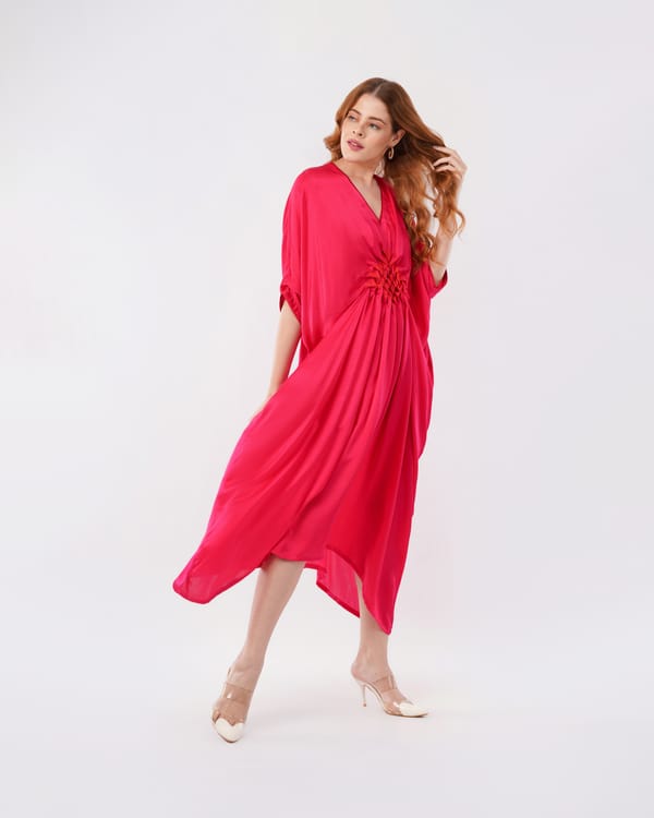 Pink Hammered Satin Smocked Kaftan — Isha Sawhney