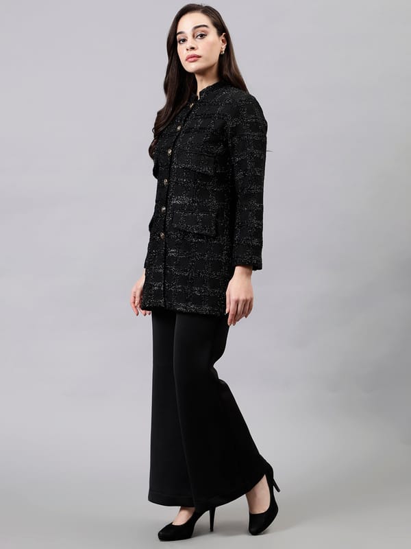 Black Tweed Nehru Collar Button-Front Short Coat — Younglings