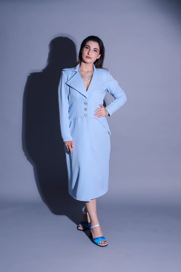 Blue Tailored Blazer Midi Dress with Crystal Buttons — Darling Girl
