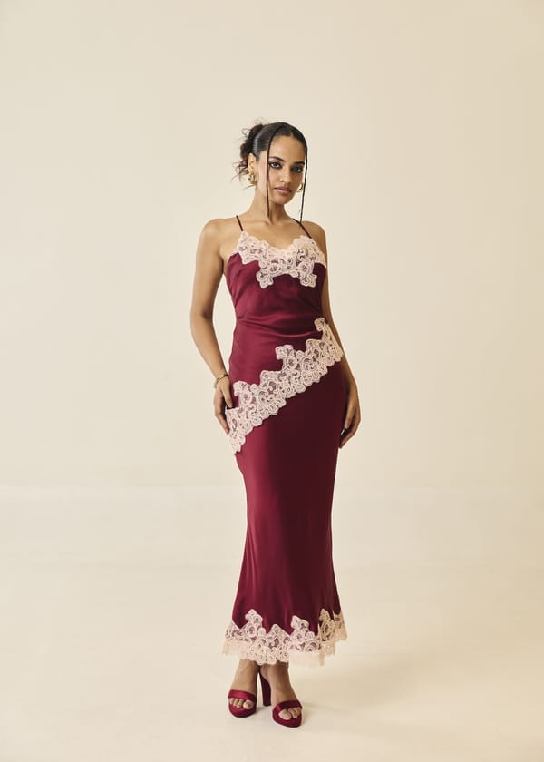 Valentina Burgundy and Pink Lace-Trim Satin Midi Skirt — Lea Clothing