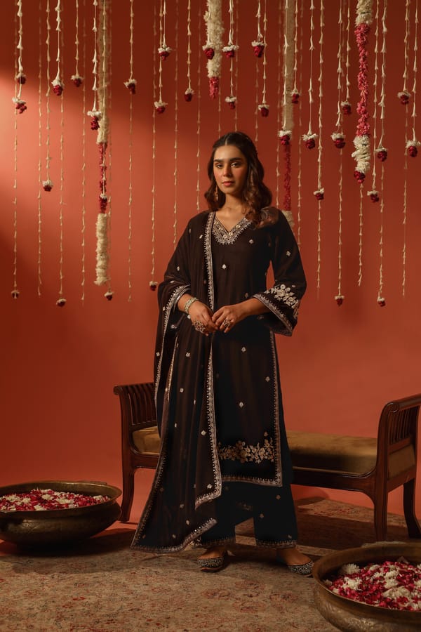 Brown Velvet Straight Suit Set with Gold Embroidery — NARAYANI VASTRA