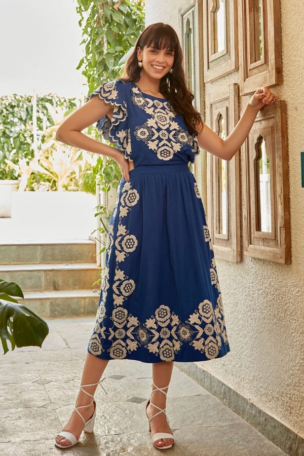 Cobalt Blue Embroidered Fit and Flare Midi Dress — BOHO-CHIC